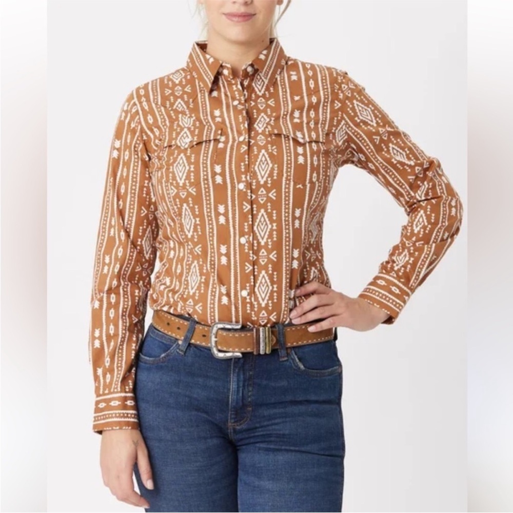 Wrangler Retro Western Pearl Snap Shirt Brown Aztec  Stripe M